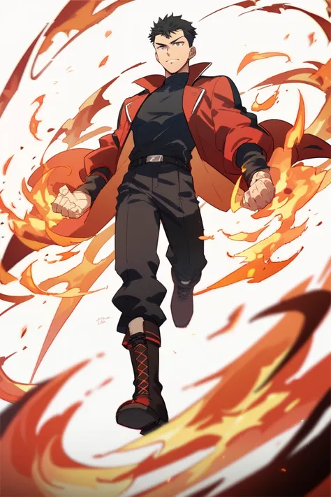 Anime. 1 boy, 24 years old, black hair, very short hair, red jacket, black clothes, boots, fire power, pyrokinesis