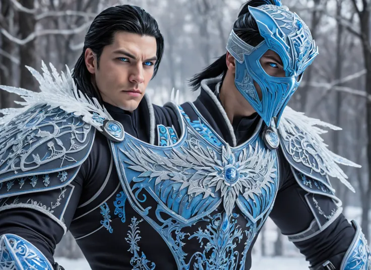 Sub-Zero is depicted as a stoic warrior in his early 30s, with icy-blue eyes and short, well-kept black hair lightly frosted at the tips, symbolizing his cryomancer abilities. His pale complexion contrasts with the dark blue and black combat uniform he wea...