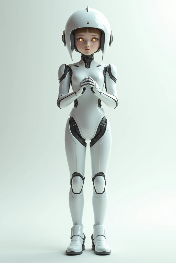 generate an image of a young robotic girl standing with folded hands and facing towards me with the robotic helmet and digital ayes and her foot wear is also robotic, overall outfit is white based