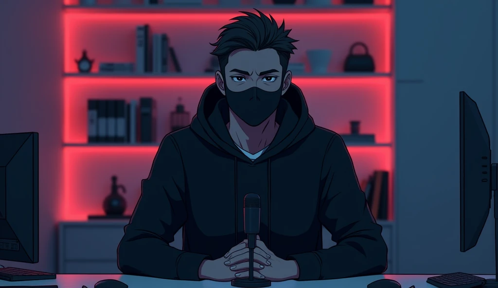 Create an anime-friendly looking male business character who appears handsome and smart. He has a good face and is wearing a black face mask and a black hoodie. The character is sitting behind his laptop in his office, with his arms on the desk. It is nigh...