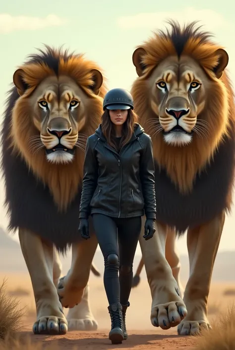 The woman wearing a helmet next to 2 giant lions is walking forward wearing a black jacket