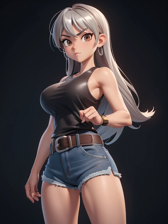 score_9, source_cartoon, best quality, high resolution, unity 8k wallpaper, 1girl, solo, Taiwanese woman, long hair, big breasts, (Wearing: Tight Black tank-top, brown leather belt with a silver buckle, denim shorts)
