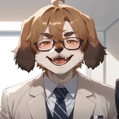 score_9, score_8_up, score_7_up, score_6_up, score_5_up, score_4_up, source_furry, hires, masterpiece(angelic handsome 1boy, kemono, solo focus, single, Smiling embarrassedly, glasses)furry anthro, Furry body, dog facial features, dog body features)Handout...