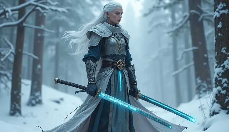 Male, elf with white and silver dragonborn qualities, he wields a magic katana that has a slide control on the back to adjust its frequency. He wears a cloak with an iron lotus on the back. His hair is platinum silver, piercing blue eyes, he is in snow cov...