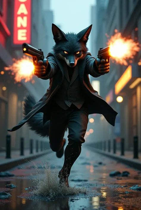 Do a scene of Max Payne shooting .  But the protagonist is an anthromorphic black fox