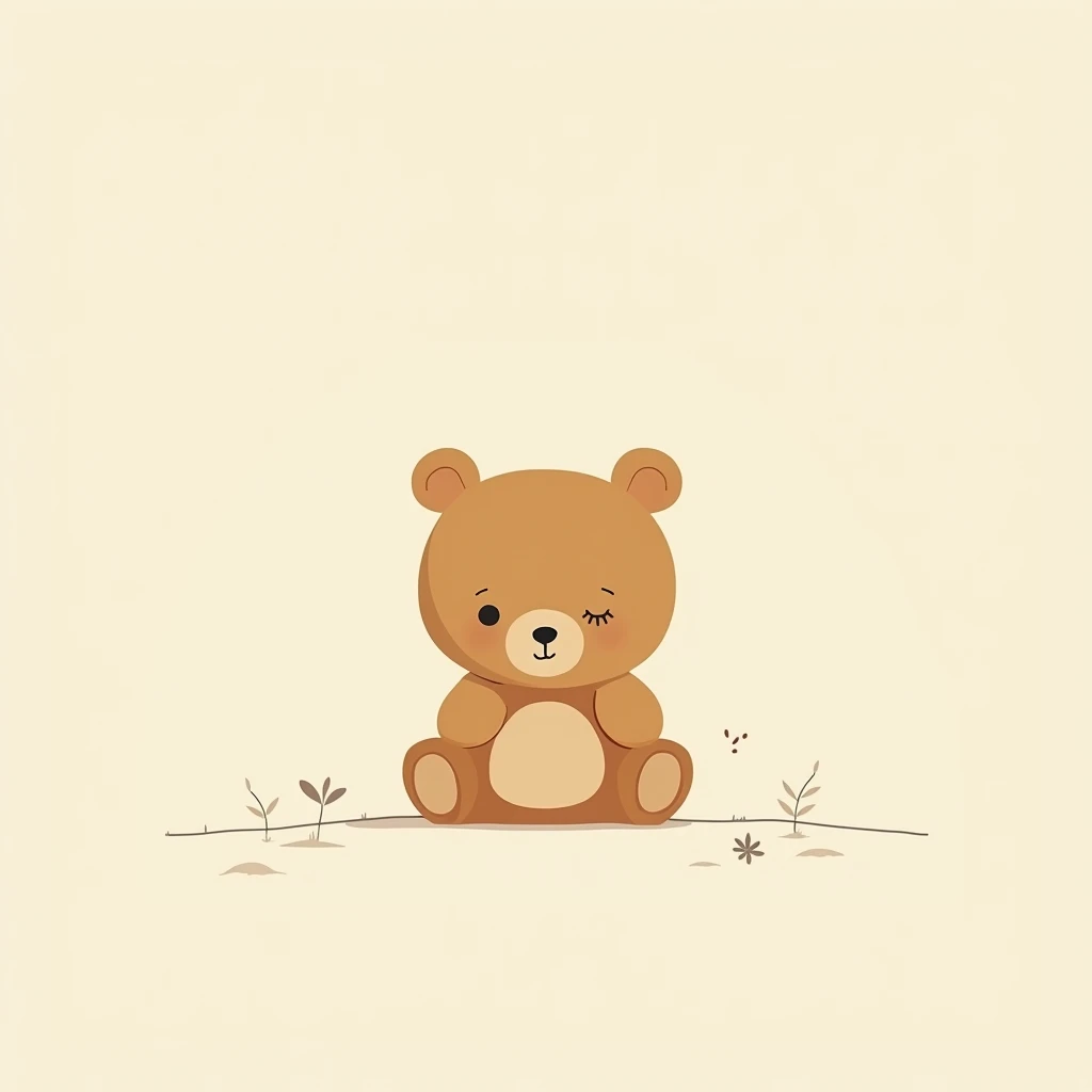 The image is a simple illustration of a teddy bear. The bear is brown in color and has a round head with two small ears on top. It has a small nose and a small mouth, and its eyes are closed. It is sitting on a thin white line that is stretched out in fron...