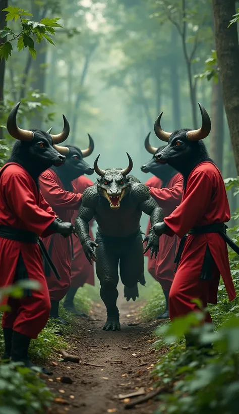 Cinematic portrait display, a group of buffalo demons dressed in traditional Sumatran red clothes capture a dashing crocodile figure dressed as a ninja in the forest