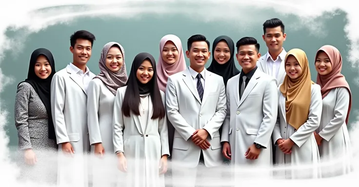  a cover photo consists of 4 handsome Sundanese men wearing neat white coats and 5 bethijab indonesian women, wearing formal ,  they all smile towards the camera . background matching facebook group cover photo 