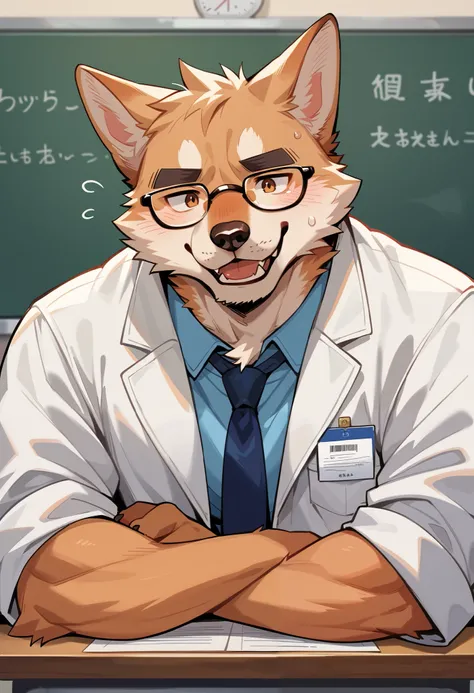 score_9, score_8_up, score_7_up, score_6_up, score_5_up, score_4_up, source_furry, hires, masterpiece(angelic handsome 1boy, kemono, solo focus, single, Smiling embarrassedly, glasses)furry anthro, Furry body, dog facial features, dog body features)Handout...