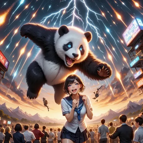 It creates a fierce battle scene, ( sailor suit,  pleated skirt,  ponytail, Knuckle Guard, JK), man-eating panda, Attractive aesthetics,  vibrant colors ,  High Quality , 8k,  super detailed,  beautiful CG illustration.