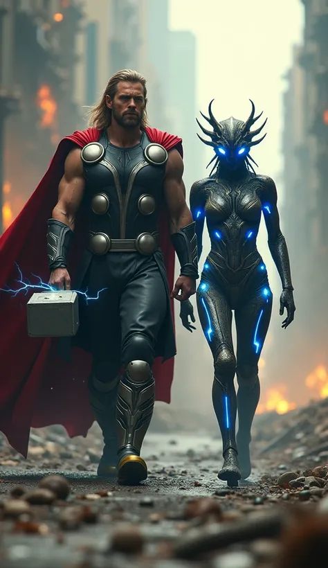 "A cinematic full-body depiction of two powerful characters walking confidently toward the camera in a devastated urban landscape. The top half of the image features a superhero reminiscent of Thor, wielding a glowing, electrified hammer and clad in a futu...