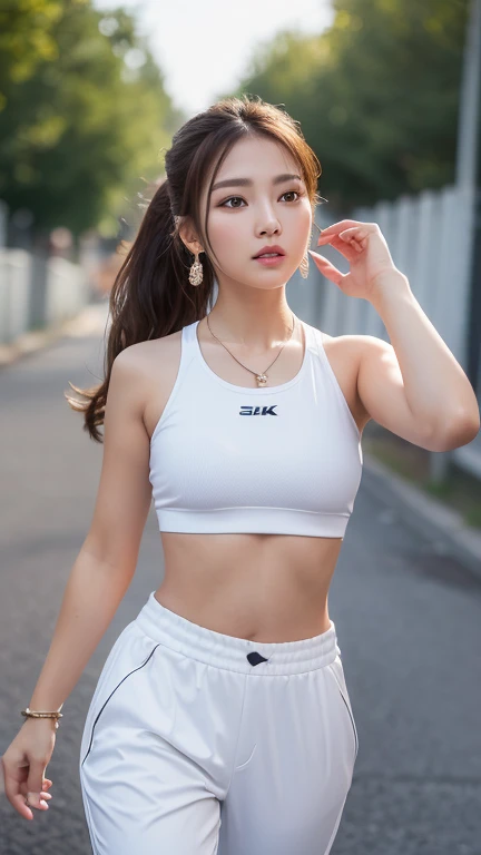 a beautiful teenage girl wearing running outfit, White sport trousers, shes rich girl, expensive necklace, elegant earrings, elegant, shes so cool, jealous face, shes cute and gorgeous, her body is so athletic and slim, chubby cheeks,perfect body ratio, po...