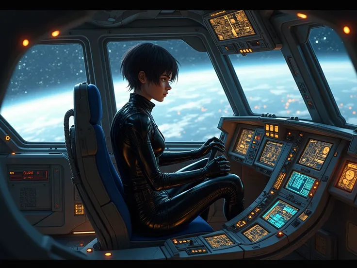 inside the cockpit of a 16-year-old combat starfighter , 16-year-old girl with short black hair and in a tight and tight black leather jumpsuit, Black military boots