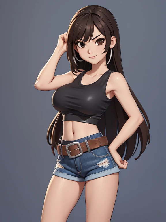 score_9, source_cartoon, best quality, high resolution, unity 8k wallpaper, 1girl, solo, Taiwanese woman, long hair, big breasts, (Wearing: Tight Black tank-top, brown leather belt with a silver buckle, denim shorts)
