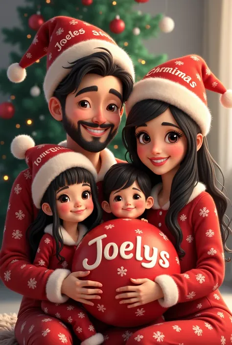  I want to create a Christmas image with a family of 4,  formed from a dad who is called  *Joel",  mom who is called  "KATYA "  and two girls ,  one of  who is called  "Jaely"  and the other one year old who is called  "JoelYS",  all dressed in Christmas p...