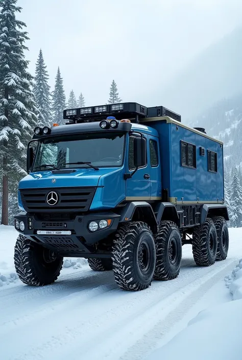 A massive and heavily armored back said view ( Mercedes motor home) camper truck,off-road design, with a bulky and rugged build. Featuring large off-road tires, reinforced metal panels, an aggressive back said view grille, roof-mounted equipment, and stora...