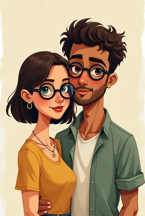 Image d’un couple d’une fille avec les cheveux brun foncé en carré long avec des lunettes noir de vue carré et les yeux brun et un homme français algérien plus grand avec des cheveux court bouclés brun clair et des yeux vert avec des lunettes de vu un peu ...