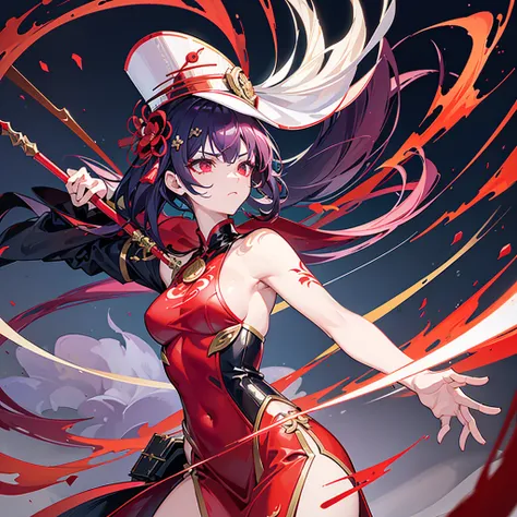 "A mid-height, flat-chested woman with striking red, bold, and stylish hair, and eyes that are a toxic shade of dark purple, is wielding a spear with a cross-shaped tip. She has a serious expression and wears a hair ornament inspired by the Higanbana flowe...