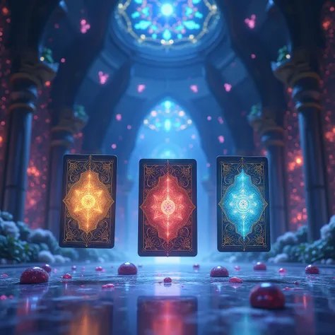 Close-up of three tarot cards, backs facing forward, floating in the foreground of a mystical treasure chamber, partially obscuring the background filled with floating jewels and soft, magical light. The cards have ornate, glowing backs with different colo...