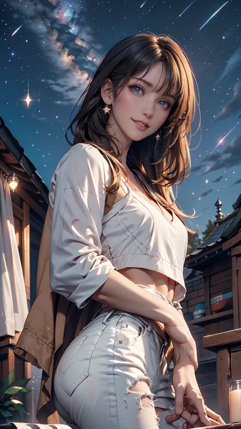 24 year old Caucasian female、 blue eyes、 long lashes、Eye Makeup、 lip gloss、 Silver Hair、White top、 skinny jeans on the table、 sneakers、astronomical telescope、night、 starry sky 、Mountain Peak、 starry sky 、Starry sky、Astronomical Observation、 from below、smil...