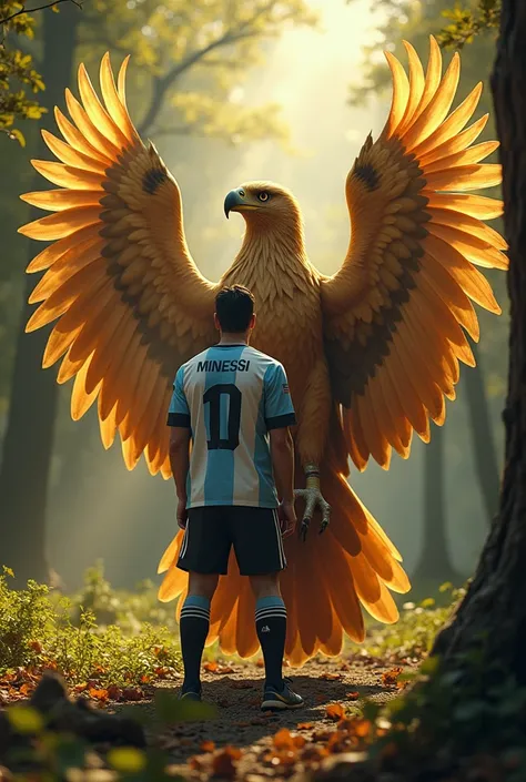 "A realistic scene of Lionel Messi standing confidently beside the worlds largest eagle with majestic golden feathers, in a lush forest setting, with sunlight streaming through the trees.