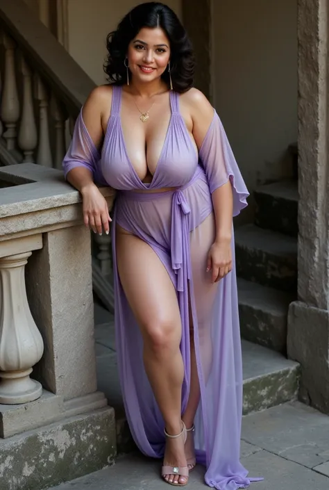 A mature chubby Sri Lankan woman in her 50s with curly hair swept up in an elegant bun, wearing a lilac sheer front opened big flashing breasts revealing slipped from her shoulder exposed body short thigh-high kimono with matching high heels. She stands at...