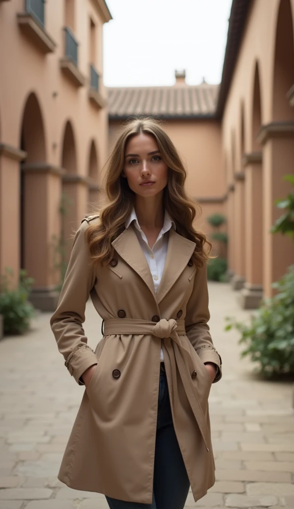 A 37-year-old woman posing in a historic courtyard, dressed in a trench coat.