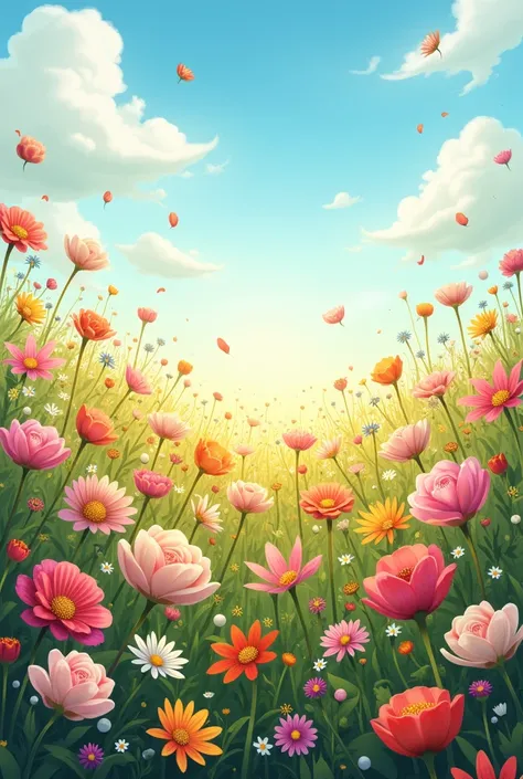 A field of flowers of many varieties, with petals fluttering in the sky