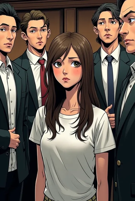 A  with long brown hair 
She is 
Her fathers 4 colleagues are watching her
She lowers her head 
The 4 men putting their hands on their genitals
Manga black and white except for the s face 
