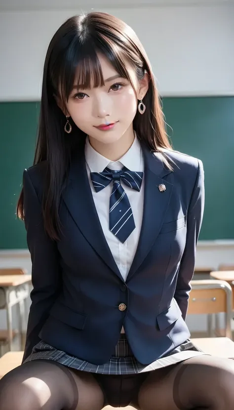  score_9,  score_8_up,  score_7_up, Super detailed,   shes wearing a fitted blazer 、length,    Silky black hair  ,   Behind her back   、  emphasizes proportions  ,    short skirt, And tights.  adds depth and reality  ,   behind her back and confident , Ele...