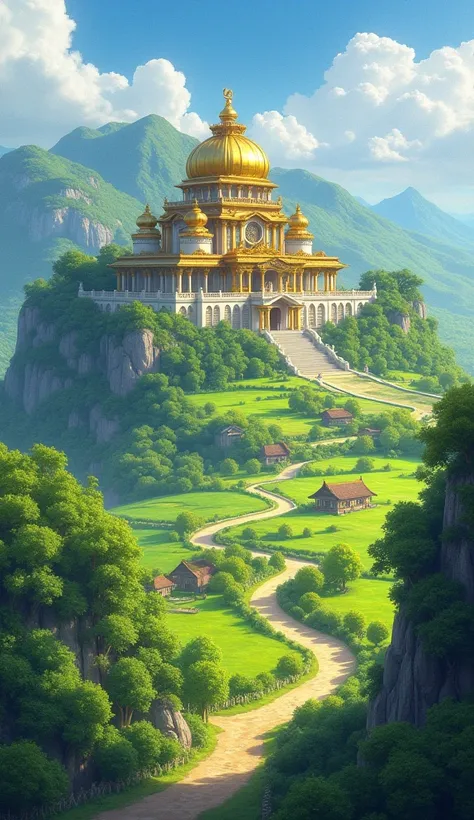 A panoramic view of the golden palace standing in stark contrast to the green fields and simple villages surrounding it