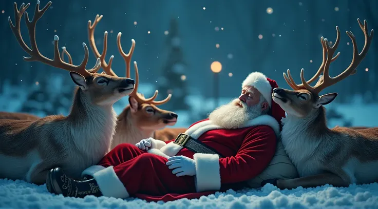 Santa Claus with his 9 reindeer sleeping comfortably, real image, 8k, cinematic, ultra hd