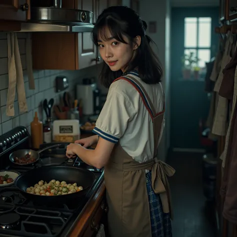  Showa 50s 、8pm、Small kitchen in a dark apartment、My beloved daughter, 、(My daughter is wearing her school uniform and an apron.)、Cooking in a frying pan、Fair-skinned beautiful woman wearing an apron in the kitchen, ((Various aprons))、 realなポートレイト写真, Too c...