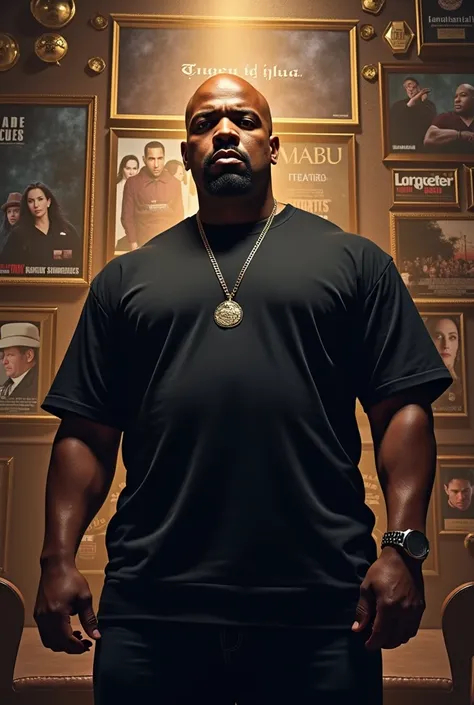 rapper Ice Cube standing confidently in front of a backdrop featuring his music awards, movie posters, and business logos.