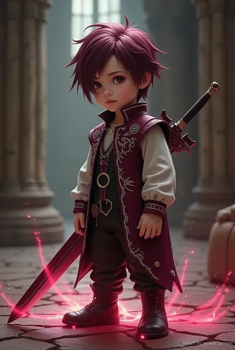 Create final fantasy style a handsome baby boy with short burgundy hair with burgundy eyes wearing a burgundy metallic vest with white details with a demonic burgundy sword on his back with a burgundy pulsating energy sphere in a medieval castle 