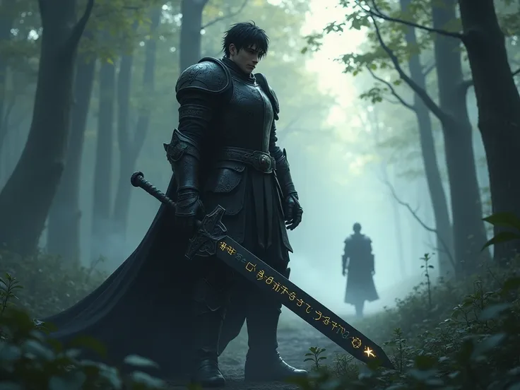 An imposing black knight, inspired by the gothic armor of Dark Souls, is depicted in a stunning 3D anime style, standing tall in a misty forest during the early morning. His intricately detailed, battle-worn armor reflects soft rays of light breaking throu...