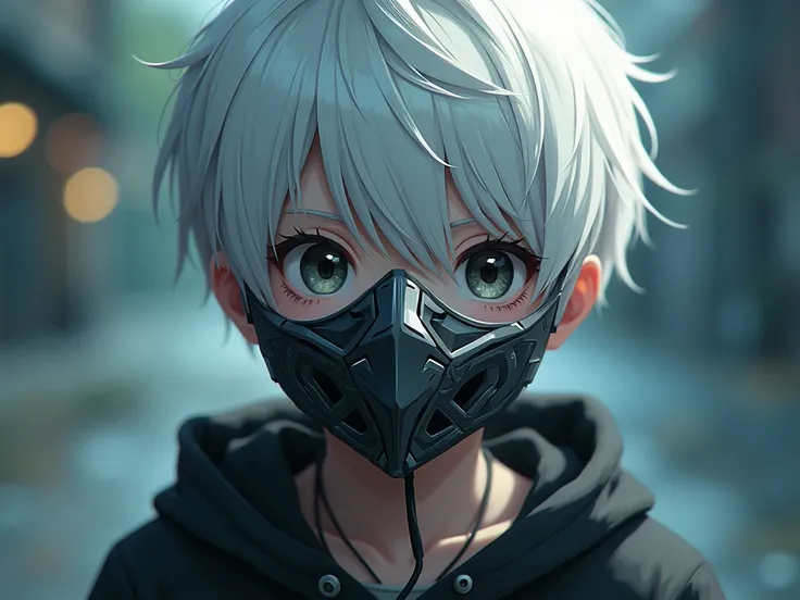 a white-haired teenager wearing an anime-style mask