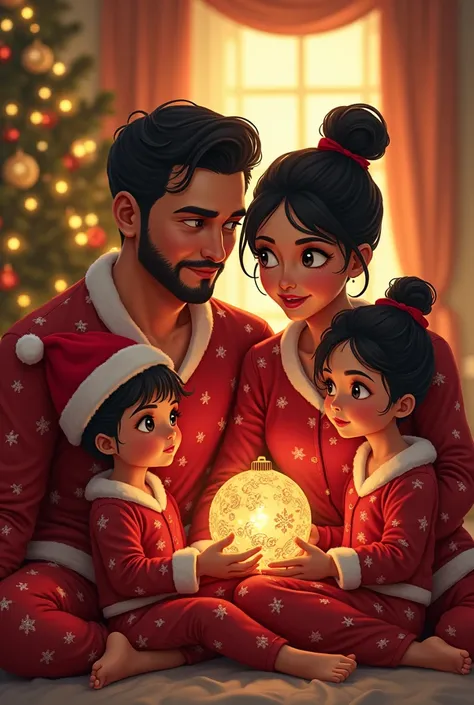  I want to create a Christmas image with a family of 4,  formed from a dad who is called  *Joel",  mom who is called  "KATYA " and 2 girls ,  one of  who is called  "Jaely"  and the other one year old who is called  "JoelYS",  all dressed in Christmas paja...