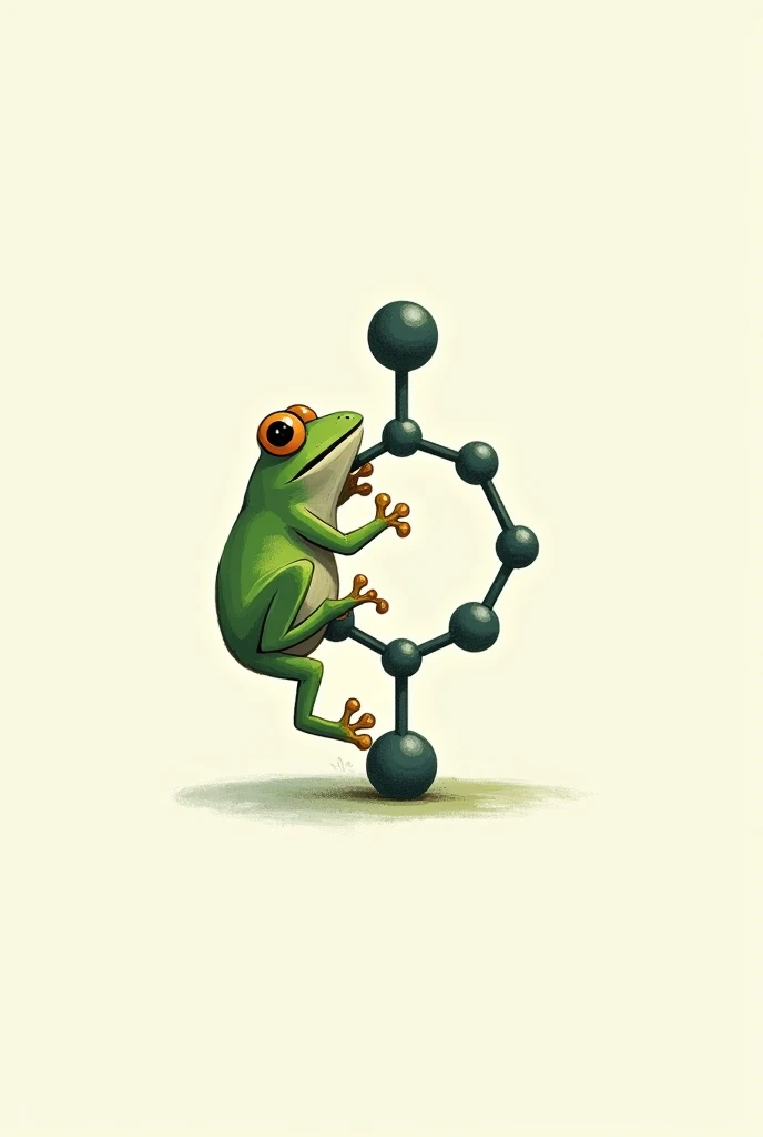 A logo with a little green frog climbing a simple molecule both with traces of drawings 
