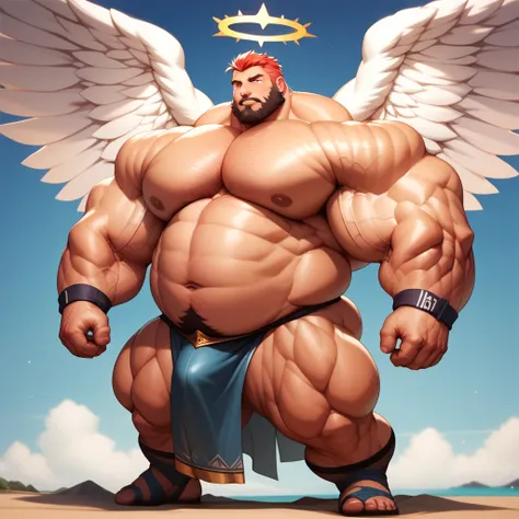 a man with a big giant musclegut tall wide body with big fat belly using robe. Full body, standing still, solo, very big, very tall, very wide, very muscular, very fat, big belly, fat Chubby, large biceps, huge chest, huge legs, halo, angel wings.