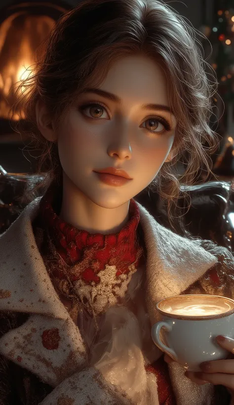 A beautiful woman with beautiful eyes:1.2, detailed eyes, beautiful full lips, highly detailed eyes and faces, long eyelashes, cute expression, smile, sitting:1.4, holding a cup of hot latte, homely background, Christmas sweater, fireplace, warm light, det...