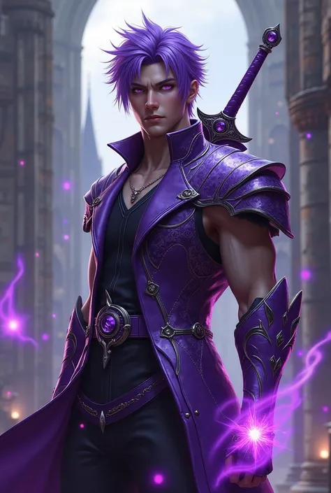 Create final fantasy style a handsome man with short purple hair with purple eyes wearing a purple metallic vest with white details with a purple demonic sword on his back with a purple pulsating energy sphere in a medieval castle 