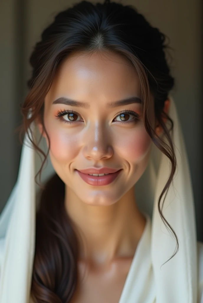 The background should be gently blurred to keep the focus on her radiant presence and elegant style, Front photo , tied hair , raised hair , bare face , has a white calera , that highlights her beautiful face , make-up , long eyelashes