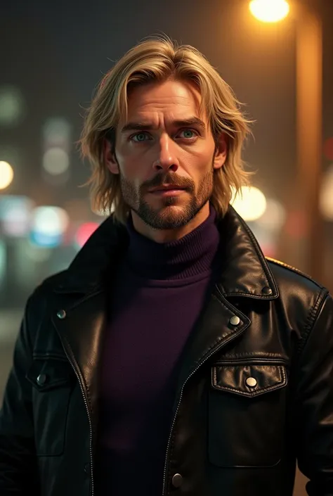 1 person, crazy, strong,  mocking , astonished, smirking expression , researcher, man,  straight blonde hair ,  hair long and shabby ,  mocking  взгляд,  green eyes , noble,  fair skin , warm colors,  dressed in a dark purple sweater and a black leather ja...