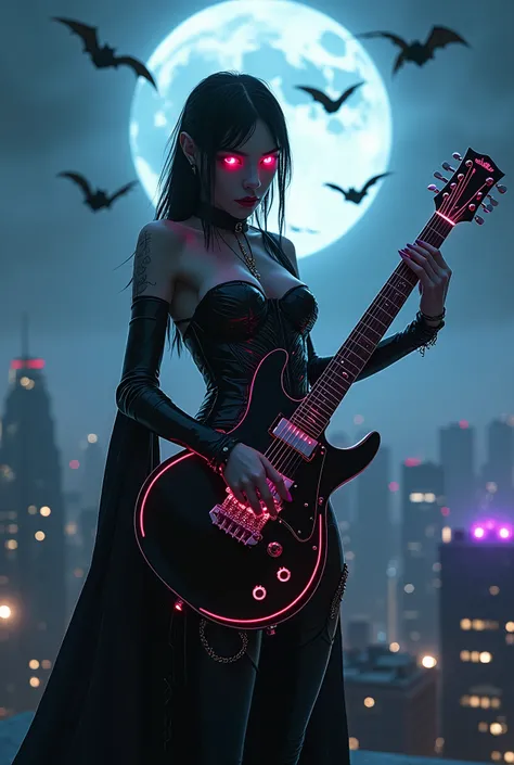 American plane or medium plane of, A dark and melancholic cyberpunk scene featuring a seductive vampire woman playing a futuristic electric guitar. The vampire has pale skin with glowing red neon eyes, wearing a glossy black leather corset with metallic cy...