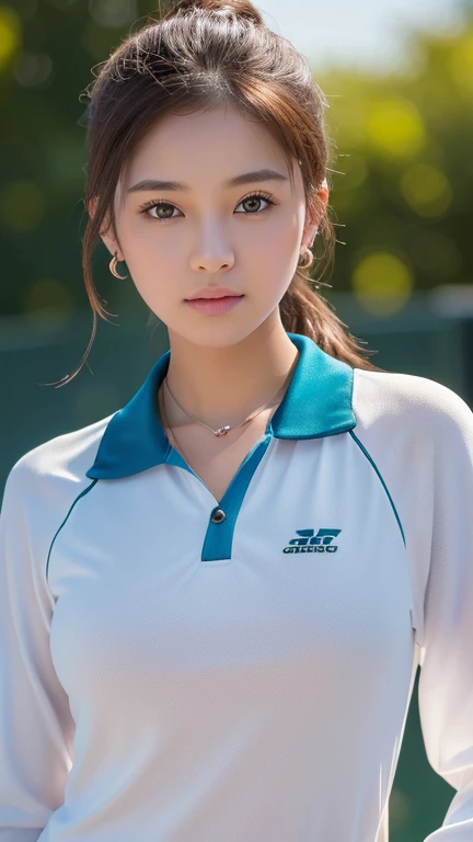 a beautiful teenage girl wearing tennis outfit, shes rich girl, expensive necklace, elegant earrings, elegant, shes so cool, jealous face, shes cute and gorgeous, her body is so athletic and slim, chubby cheeks,perfect body ratio, ponytail, she looks kind,...