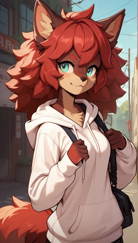  provocative expression,  1 girl,  anthro , furry, fur, fluffy fur, score_9, score_8_up, score_7_up, score_6_up, score_5_up, score_4_up,  Original Character ,  red hair, Subculture, White hoodie, wide size hoodie, Fluffy hair