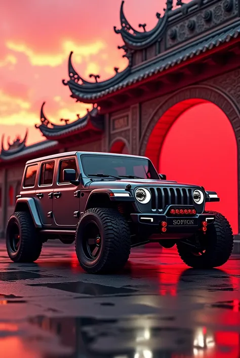 Nissan jeep in Japanese tuning against a Chinese wall at a red sunset 