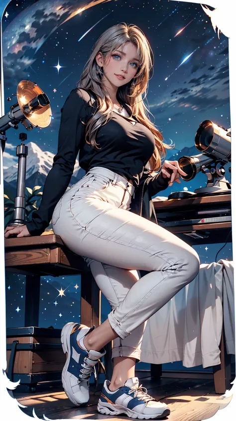 24 year old Caucasian female、 blue eyes、 long lashes、Eye Makeup、 lip gloss、 Silver Hair、White top、 skinny jeans on the table、 sneakers、astronomical telescope、night、 starry sky 、Mountain Peak、 starry sky 、Starry sky、Astronomical Observation、 from below、smil...