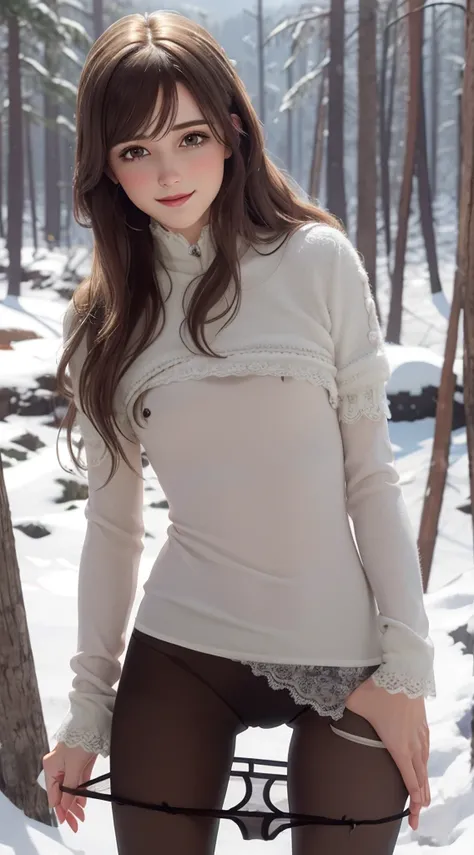  natural light, masterpiece, (  very detailed:1.2),( detailed face :1.2),  absurd,(masterpiece:1.4), ( top quality:1.4), (  High Definition :1.4),((( pantyhose))) Anna of Anarel,  Dual Swords, winter mountain outfit,  outdoor, ice, winter, snow, forest, , ...